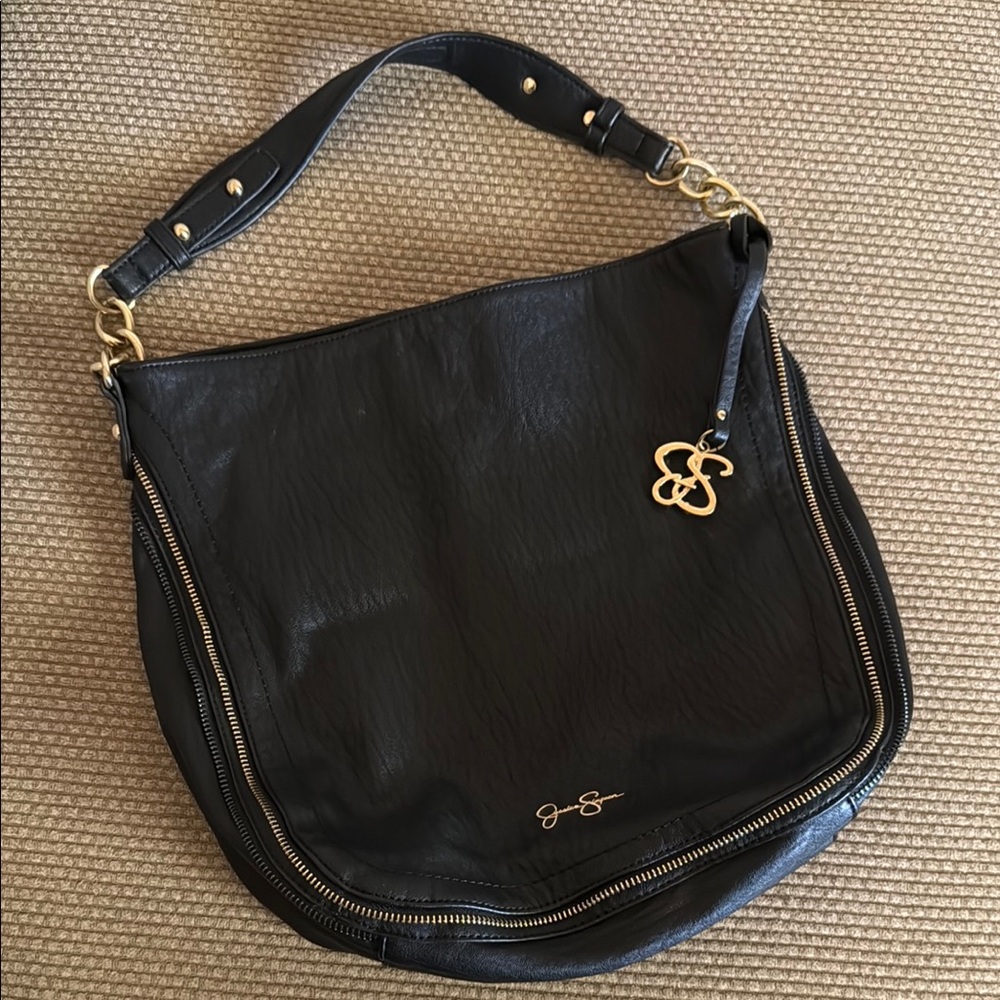 Jessica Simpson Black Leather Hobo Bag with Gold Hardware